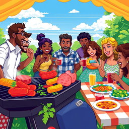 A vibrant pixel art scene capturing a lively barbecue party