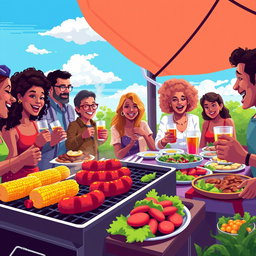 A vibrant pixel art scene capturing a lively barbecue party