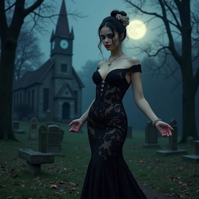 A beautiful and stunning 18-year-old girl with medium breasts and very wide, bulging hips stands welcoming you in an old haunted wooded cemetery