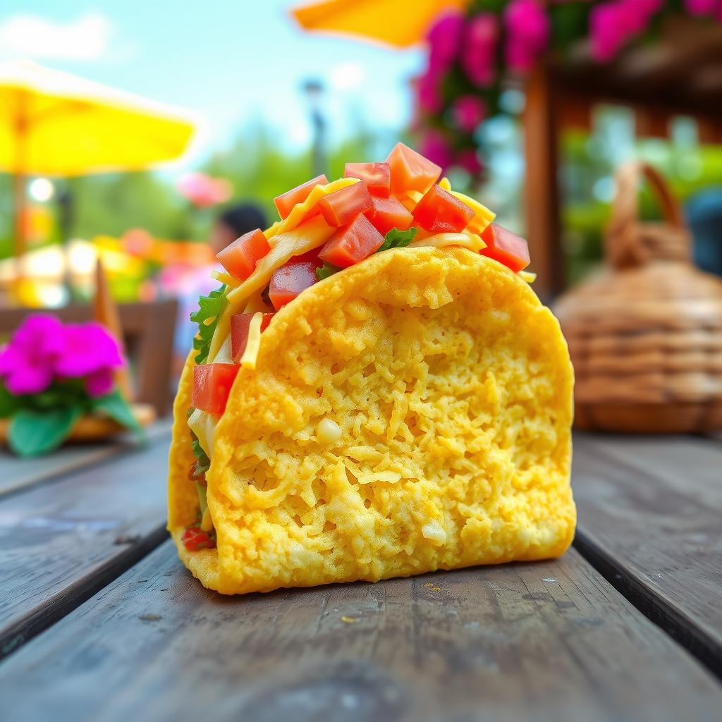 A playful and whimsical taco shaped like a bell, featuring a crispy golden shell with colorful fillings like fresh lettuce, diced tomatoes, and melted cheese spilling out from the top