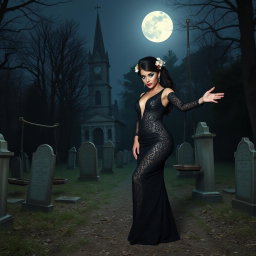 A beautiful and stunning 18-year-old girl with medium breasts and very wide, bulging hips stands in an old haunted wooded cemetery, welcoming you with her arms out to her side and a sardonic half smile on her face