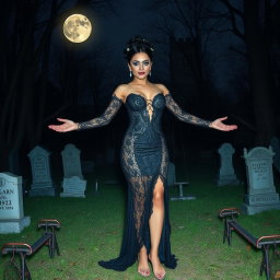 A beautiful and stunning 18-year-old girl with medium breasts and very wide, bulging hips stands in an old haunted wooded cemetery, welcoming you with her arms out to her side and a sardonic half smile on her face