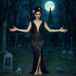 A beautiful and stunning 18-year-old girl with medium breasts and very wide, bulging hips stands in an old haunted wooded cemetery, welcoming you with her arms out to her side and a sardonic half smile on her face