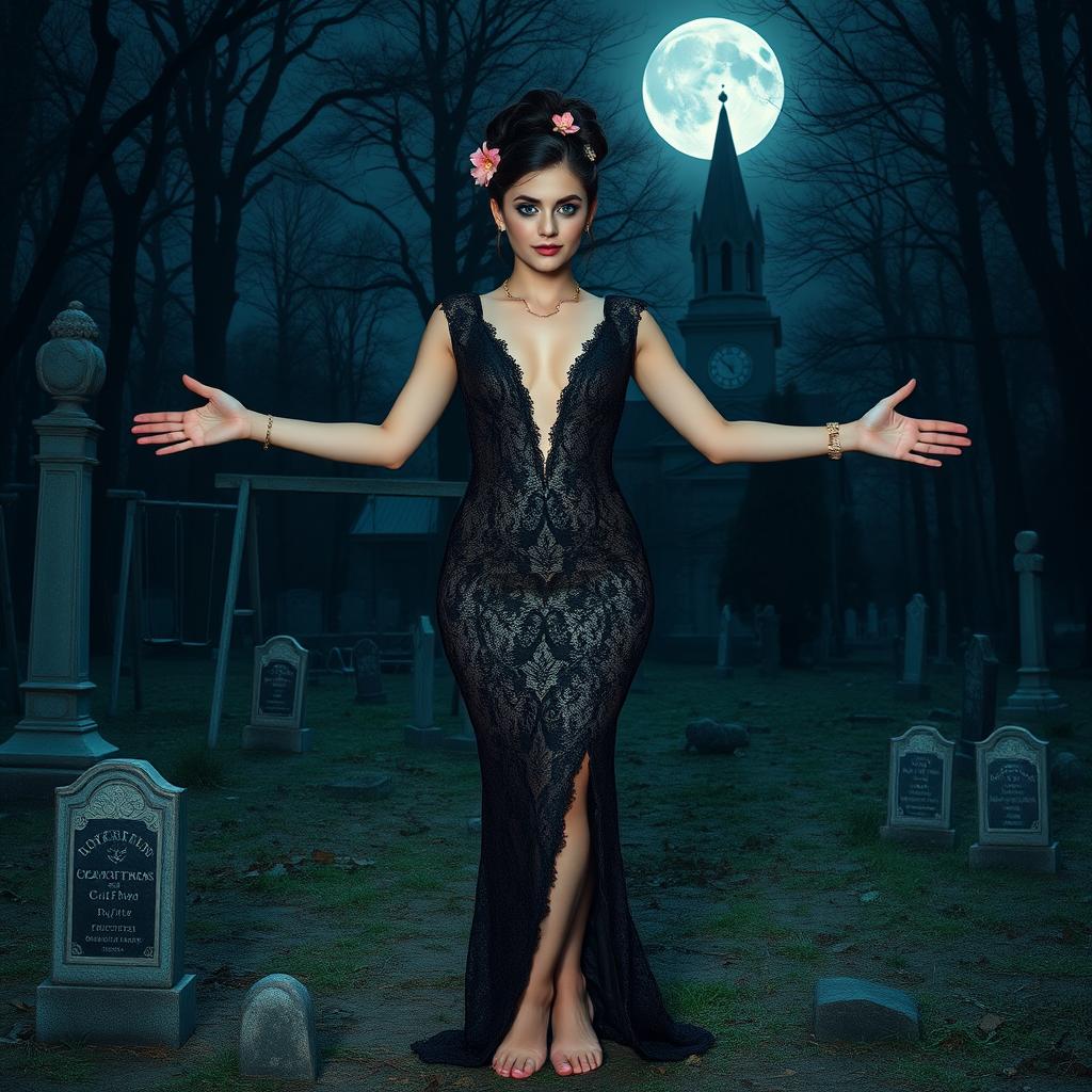 A beautiful and stunning 18-year-old girl with medium breasts and very wide, bulging hips stands in an old haunted wooded cemetery, welcoming you with her arms out to her side and a sardonic half smile on her face