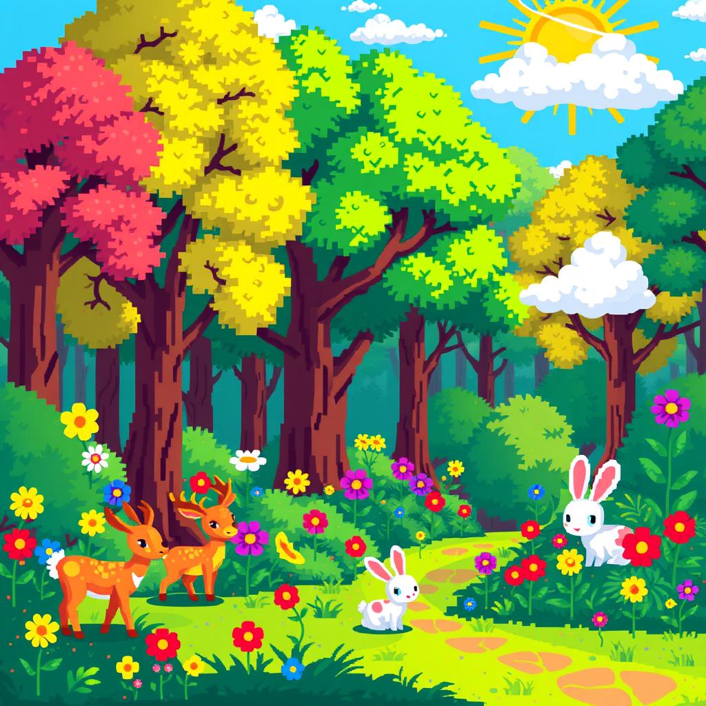 A vibrant and colorful pixel art background featuring a lush green forest with pixelated trees, colorful flowers, and a bright blue sky