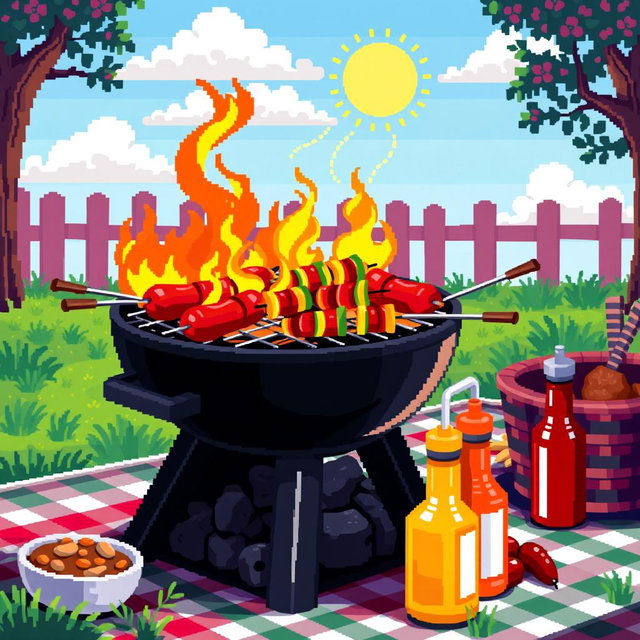 A vibrant pixel art representation of a barbecue scene, featuring a charcoal grill filled with sizzling sausages and burgers, bright flames flickering, surrounded by a colorful picnic setup
