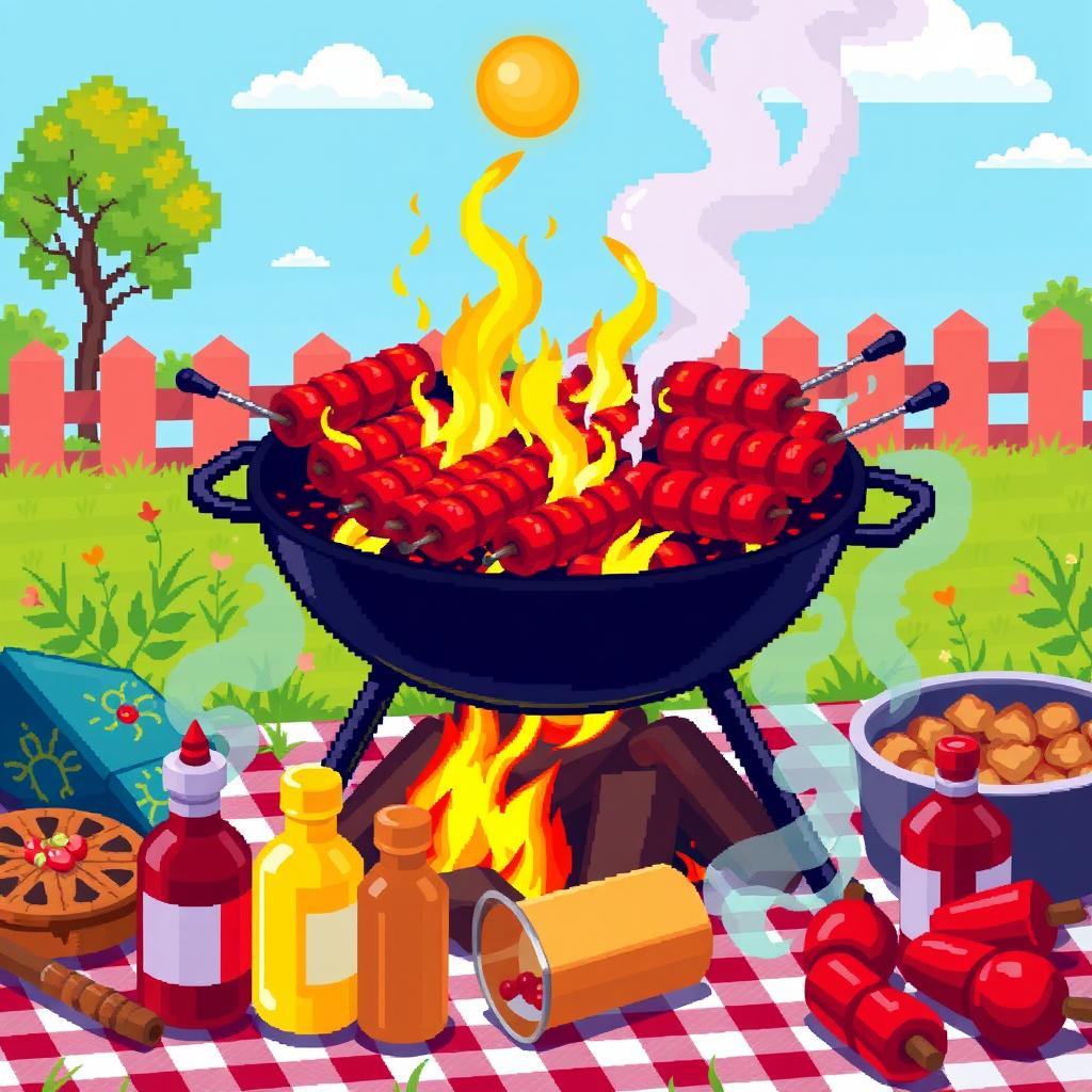 A vibrant pixel art representation of a barbecue scene, featuring a charcoal grill filled with sizzling sausages and burgers, bright flames flickering, surrounded by a colorful picnic setup