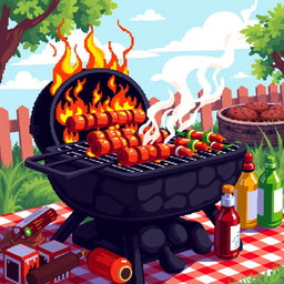A vibrant pixel art representation of a barbecue scene, featuring a charcoal grill filled with sizzling sausages and burgers, bright flames flickering, surrounded by a colorful picnic setup