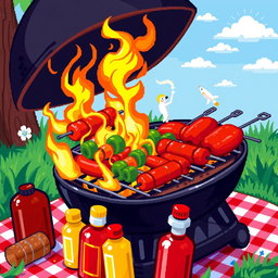 A vibrant pixel art representation of a barbecue scene, featuring a charcoal grill filled with sizzling sausages and burgers, bright flames flickering, surrounded by a colorful picnic setup