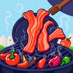 A vibrant 32x32 pixel art image featuring a delicious barbecue scene with sizzling bacon strips on a grill