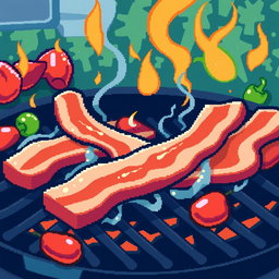 A vibrant 32x32 pixel art image featuring a delicious barbecue scene with sizzling bacon strips on a grill