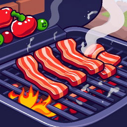 A vibrant 32x32 pixel art image featuring a delicious barbecue scene with sizzling bacon strips on a grill