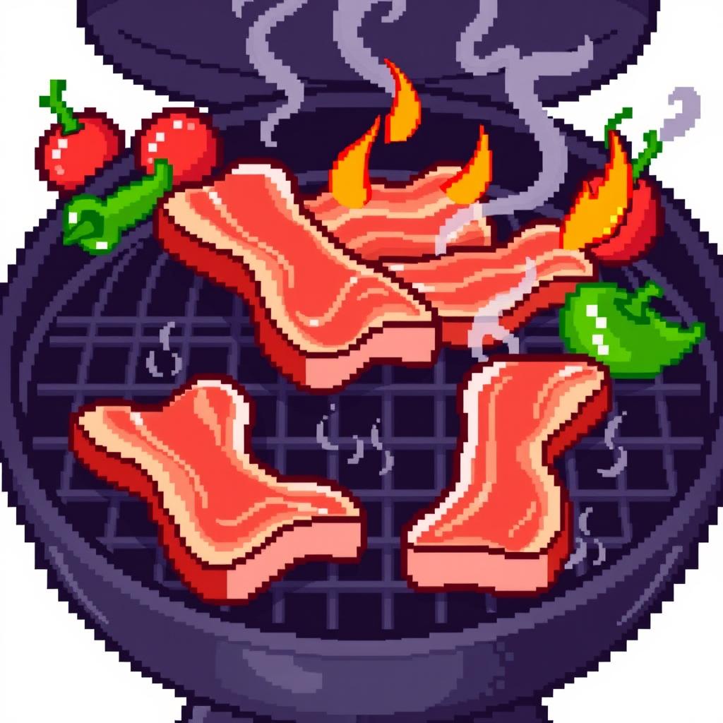 A vibrant 32x32 pixel art image featuring a delicious barbecue scene with sizzling bacon strips on a grill