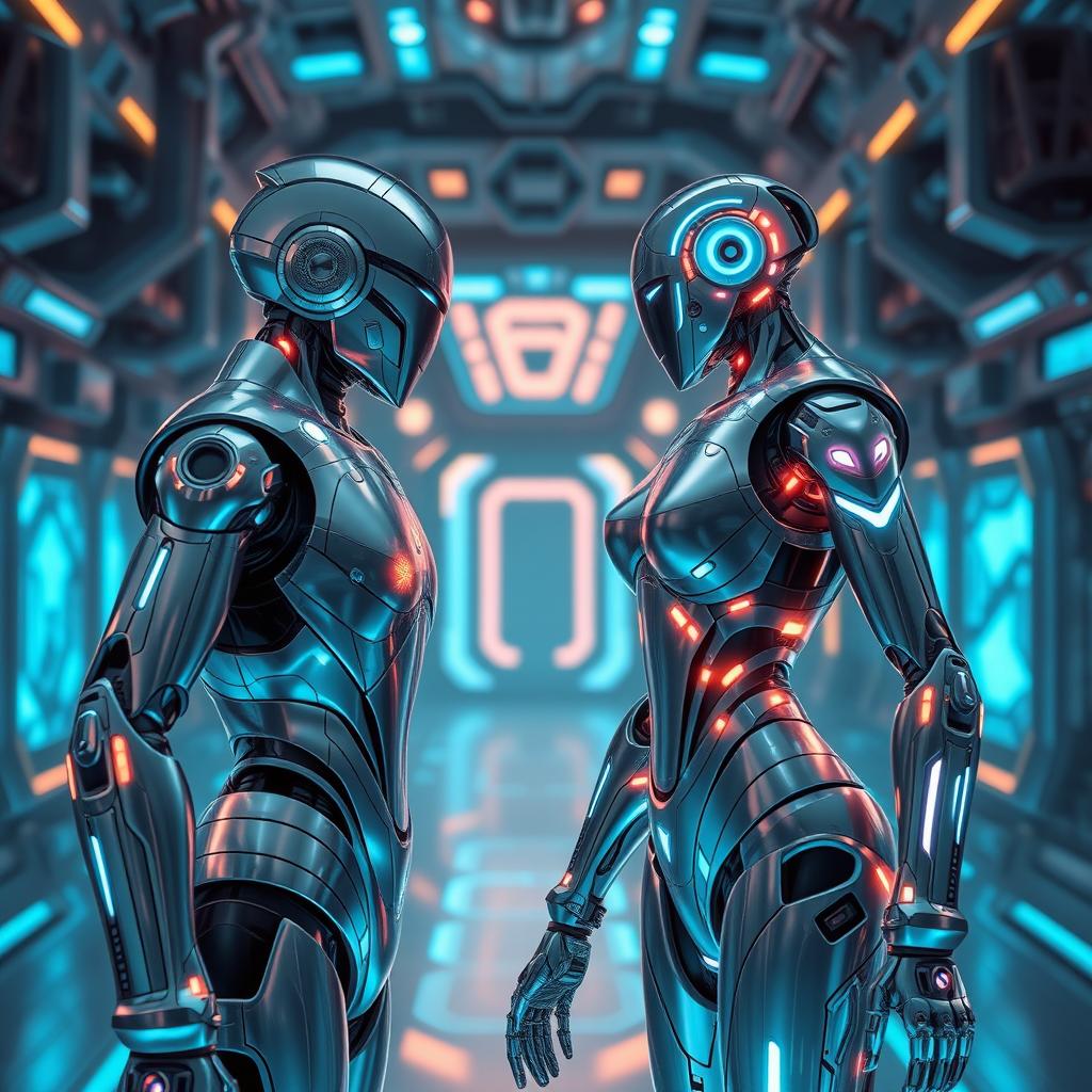 A futuristic scene depicting a male and female robot engaging in a harmonious interaction, showcasing their sleek metallic designs with intricate details and glowing accents