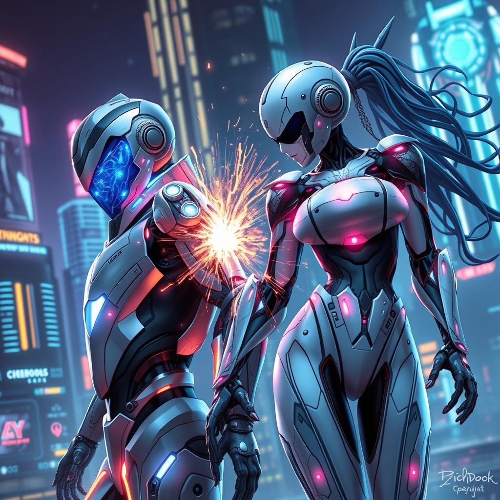 A dynamic scene featuring both male and female robots, showcasing a futuristic cybernetic landscape