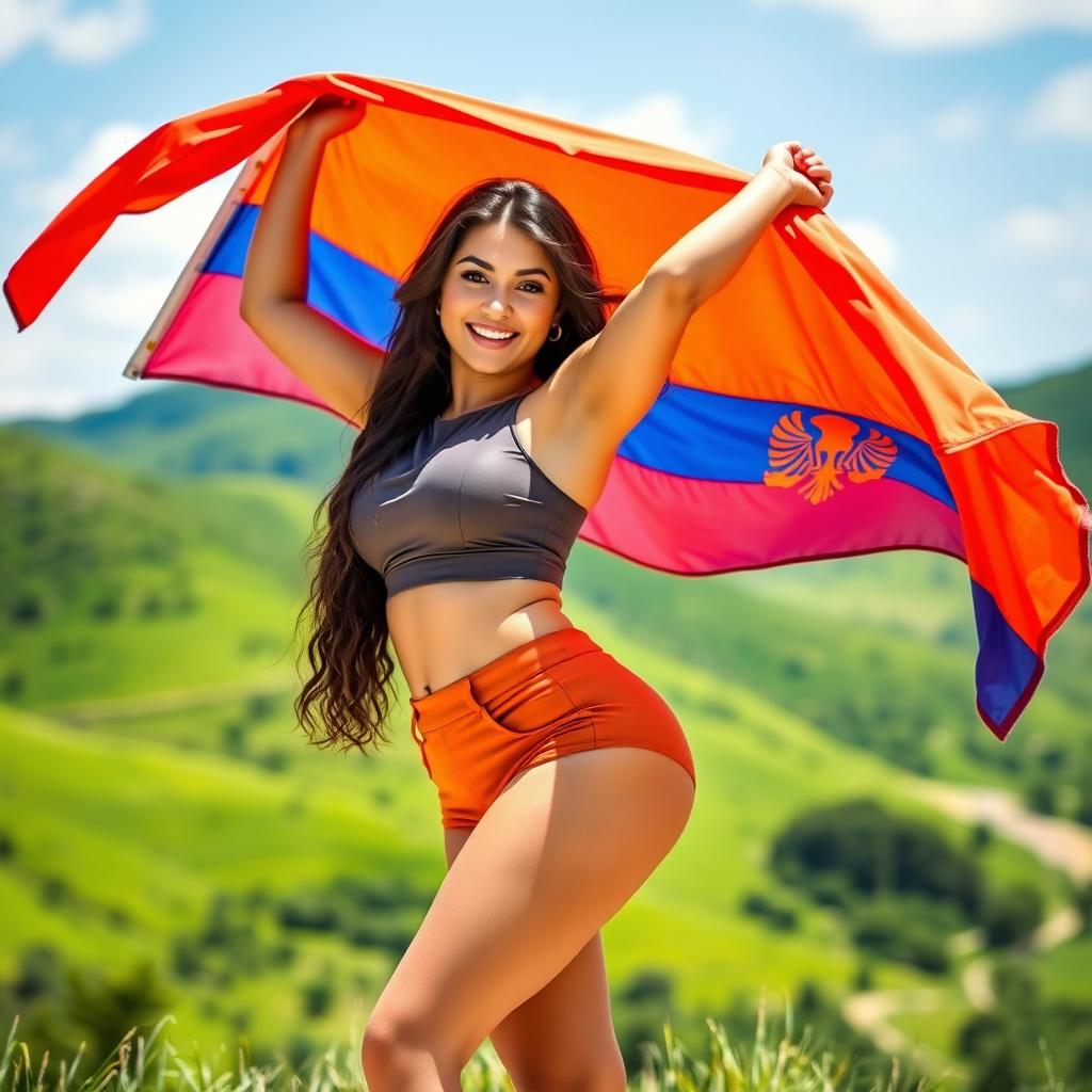 A stunning and curvy young woman proudly holding the flag of Armenia