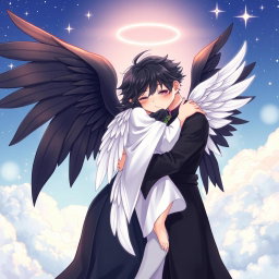 An anime-style illustration of two angels embracing each other