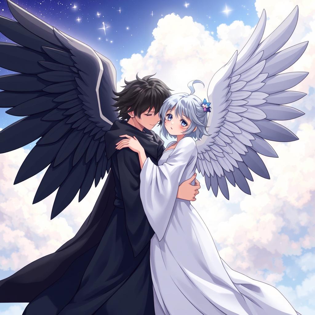 An anime-style illustration of two angels embracing each other