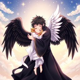 An anime-style illustration of two angels embracing each other