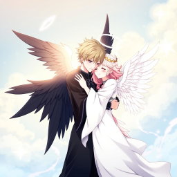 An anime-style illustration of two angels embracing each other