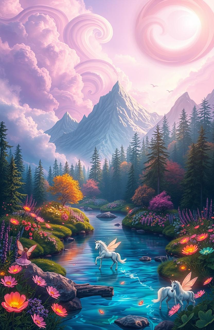 A vibrant and fantastical landscape with swirling clouds in shades of purple and pink, towering mountains in the background, and a lush forest filled with luminescent plants and flowers in various colors