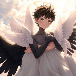 A striking scene featuring an anime boy angel with beautifully detailed black wings and deep black skin, embracing a group of angelic girls with pristine white wings