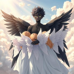 A striking scene featuring an anime boy angel with beautifully detailed black wings and deep black skin, embracing a group of angelic girls with pristine white wings
