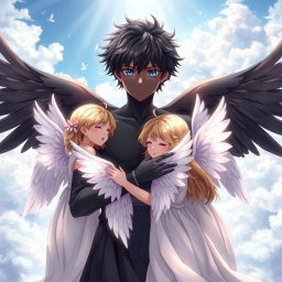A striking scene featuring an anime boy angel with beautifully detailed black wings and deep black skin, embracing a group of angelic girls with pristine white wings