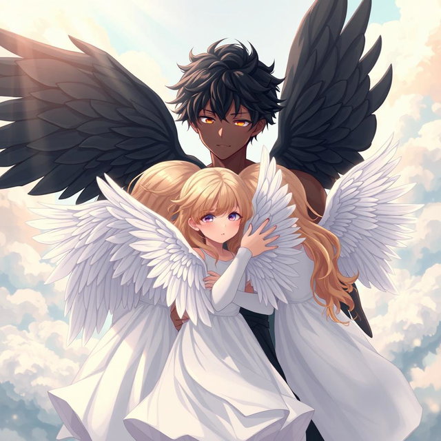 A striking scene featuring an anime boy angel with beautifully detailed black wings and deep black skin, embracing a group of angelic girls with pristine white wings