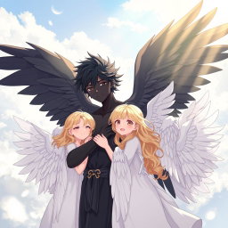 An anime-style illustration of a boy angel with stunning black skin and large, elegant black wings, embracing a group of angelic girls, each with beautiful, flowing white wings