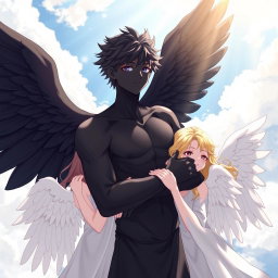 An anime-style illustration of a boy angel with stunning black skin and large, elegant black wings, embracing a group of angelic girls, each with beautiful, flowing white wings