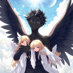 An anime-style illustration of a boy angel with stunning black skin and large, elegant black wings, embracing a group of angelic girls, each with beautiful, flowing white wings