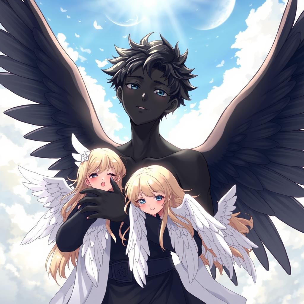 An anime-style illustration of a boy angel with stunning black skin and large, elegant black wings, embracing a group of angelic girls, each with beautiful, flowing white wings
