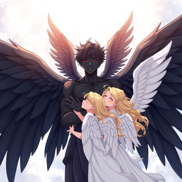 An anime-style illustration of a boy angel with stunning black skin and large, elegant black wings, embracing a group of angelic girls, each with beautiful, flowing white wings