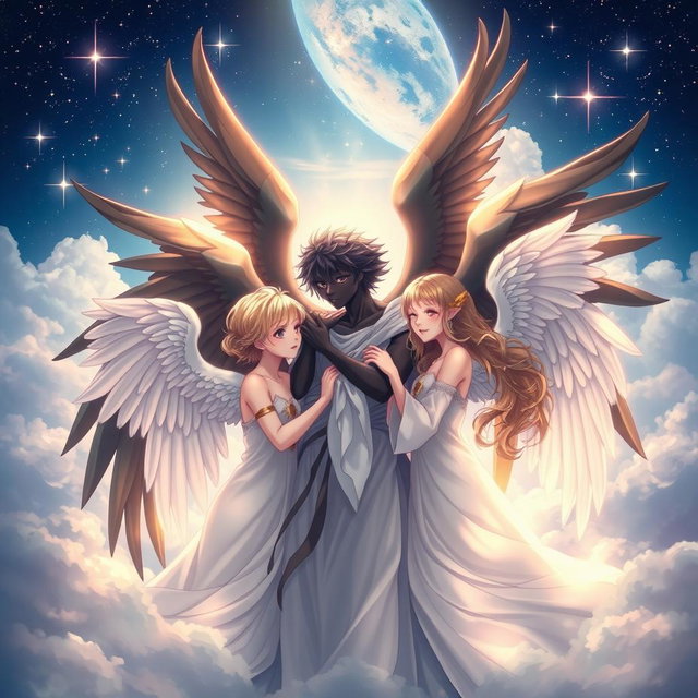An enchanting scene depicting an anime boy angel with lustrous black skin and magnificent black wings enveloping angelic girls who possess stunning white wings