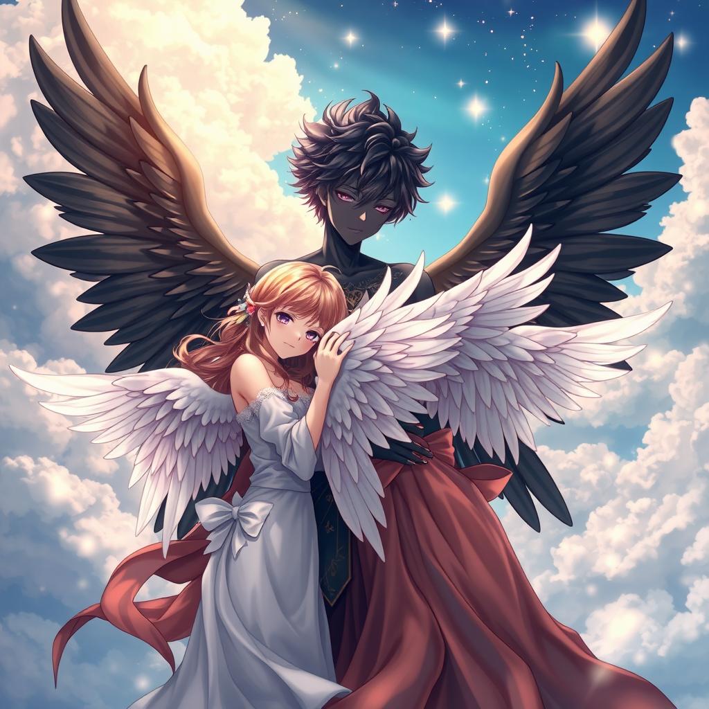 An enchanting scene depicting an anime boy angel with lustrous black skin and magnificent black wings enveloping angelic girls who possess stunning white wings