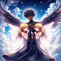 An enchanting scene depicting an anime boy angel with lustrous black skin and magnificent black wings enveloping angelic girls who possess stunning white wings