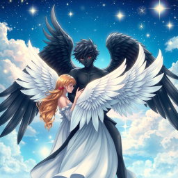 An enchanting scene depicting an anime boy angel with lustrous black skin and magnificent black wings enveloping angelic girls who possess stunning white wings