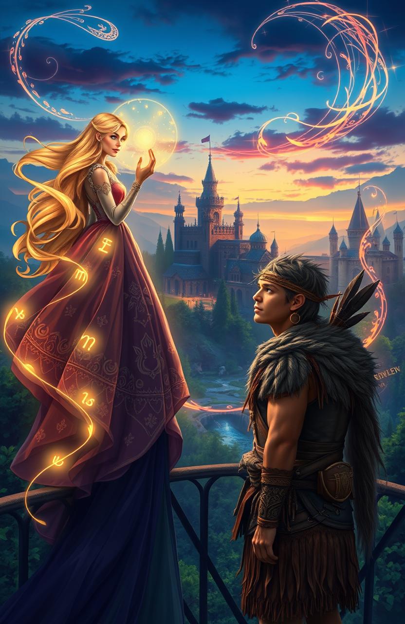 In a vibrant fantasy world, a beautiful royal princess with long flowing hair, adorned in an elegant gown with intricate magical patterns, stands on a balcony overlooking a classic medieval kingdom