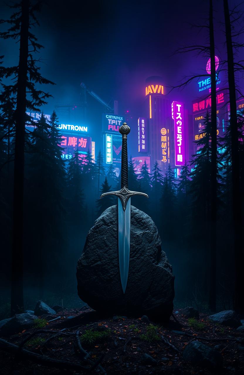 A mystical black forest set against the backdrop of a vibrant neon city illuminated with bright signs and lights