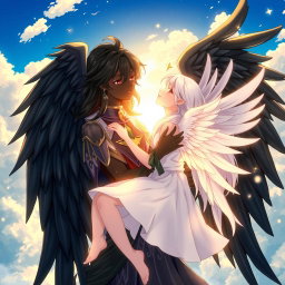 A stunning anime scene featuring a boy angel with black skin and magnificent black wings tenderly embracing an angel girl with beautiful white wings