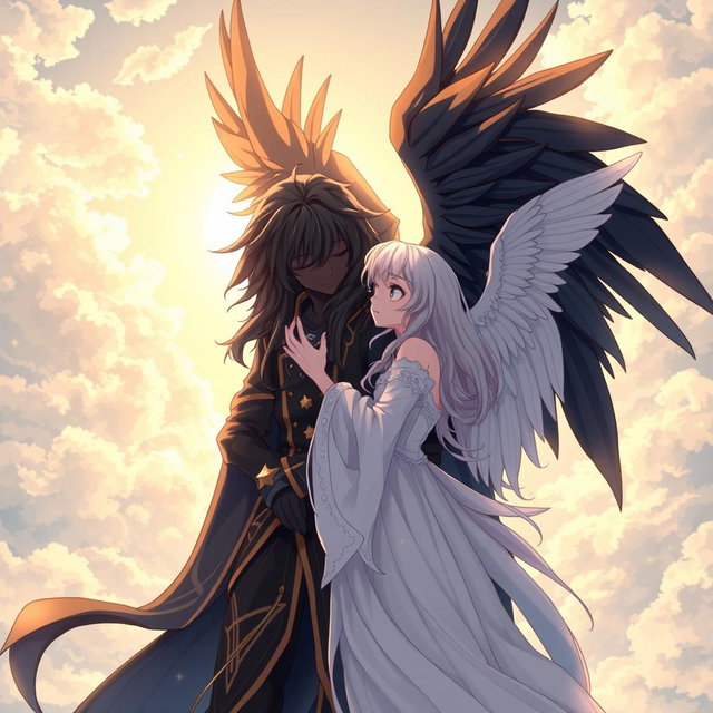 A stunning anime scene featuring a boy angel with black skin and magnificent black wings tenderly embracing an angel girl with beautiful white wings