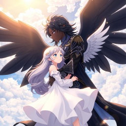 A stunning anime scene featuring a boy angel with black skin and magnificent black wings tenderly embracing an angel girl with beautiful white wings