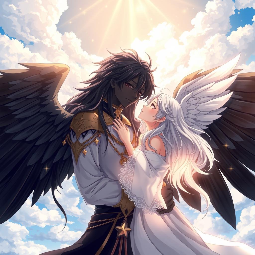 A stunning anime scene featuring a boy angel with black skin and magnificent black wings tenderly embracing an angel girl with beautiful white wings