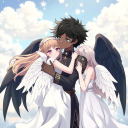 An anime-style scene featuring a charming boy angel with black wings and dark skin, embracing beautifully designed angel girls with white wings
