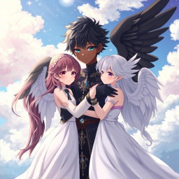 An anime-style scene featuring a charming boy angel with black wings and dark skin, embracing beautifully designed angel girls with white wings