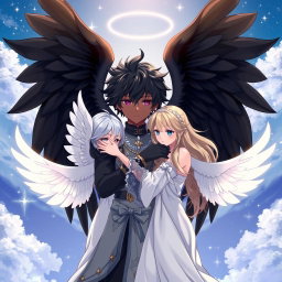 An anime-style scene featuring a charming boy angel with black wings and dark skin, embracing beautifully designed angel girls with white wings