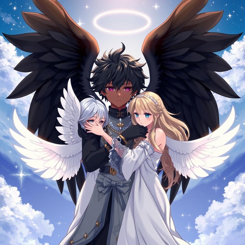 An anime-style scene featuring a charming boy angel with black wings and dark skin, embracing beautifully designed angel girls with white wings