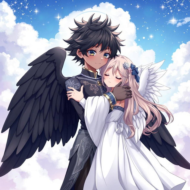 An anime-style scene featuring a charming boy angel with black wings and dark skin, embracing beautifully designed angel girls with white wings