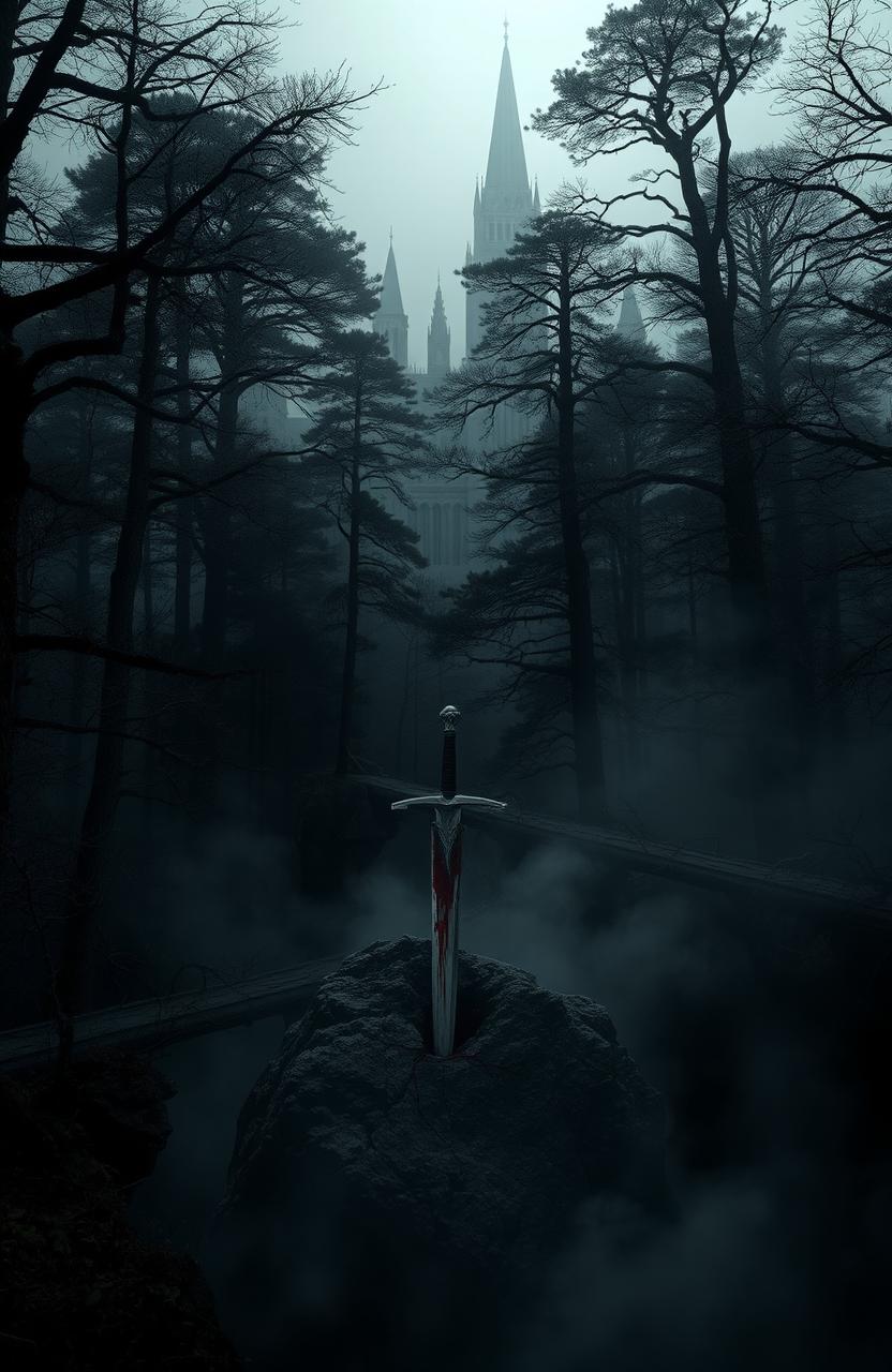 A dark and mysterious black forest surrounding an ominous black city, with heavy fog rolling through the trees